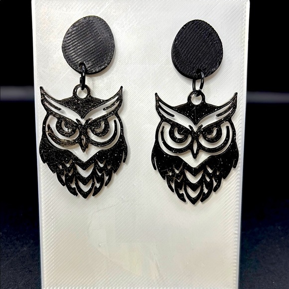 Black Glitter Owl Earrings - Picture 1 of 4